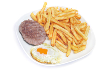 combo platter with fried egg, burger and french fries