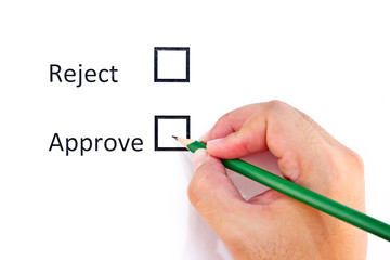 Hand choosing approve on white paper background