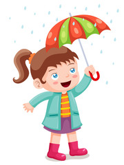 illustration of Girl in raining with umbrella