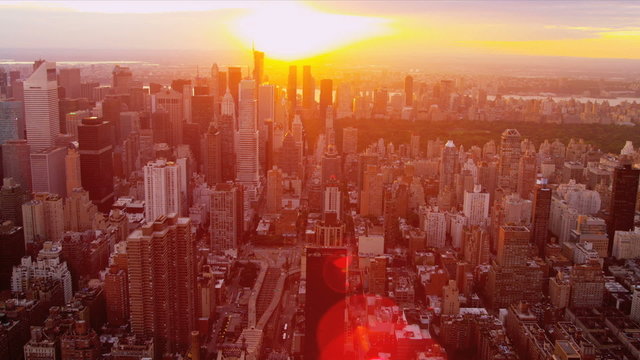 Aerial view of skyscrapers at sunset, Manhattan, New York