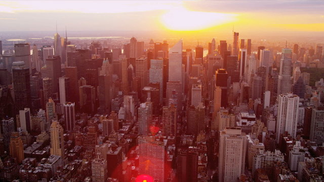 Aerial view of skyscrapers at sunset, Manhattan, New York