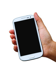 hand holding mobile smart phone with blank screen on white backg