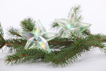 Christmas tree decorations on branch