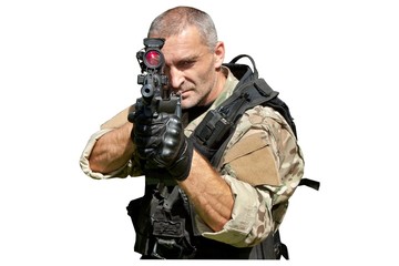 Special Forces soldier with an assault rifle, isolated on white