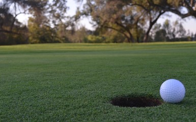 Golf ball near the hole on the putting green