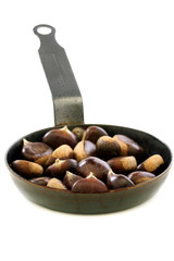 Chestnuts roasting in a pan.