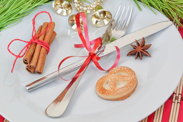 Kitchen arrangement of objects and Christmas bells.