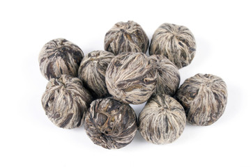 Fototapeta na wymiar Dried leaves of pu-erh tea isolated on white background
