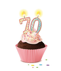 Cupcake mit Kerze und die Zahl 70