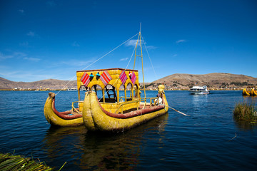 The floating and tourist  Islands of lake Titikaka Puno Peru Sou