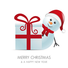 snowman with santa hat behind gift box