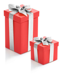 Two red gift boxes with silver ribbon on white background.