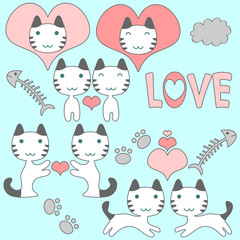 Set of cute little kittens romantic theme