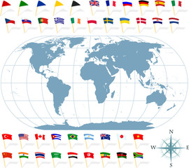 Set of a world map and various state flags