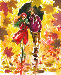 Fototapeta premium Autumn walk-watercolors