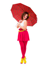 woman holding a red umbrella
