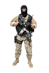 Special Forces soldier with an assault rifle isolated on white