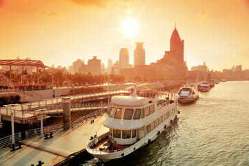 Fototapeta premium Shanghai Huangpu River with boat