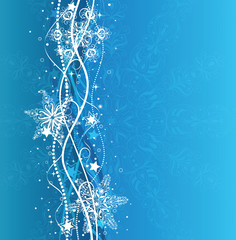 Christmas background in blue colors with snowflakes and stars.