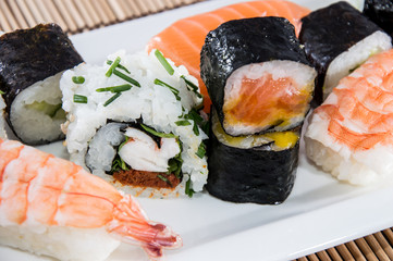 Mixed Sushi rolls on a plate