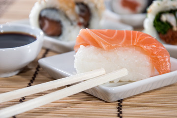 Nigiri Sushi with sticks and Soy Sauce