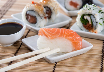 Nigiri Sushi with sticks and Soy Sauce
