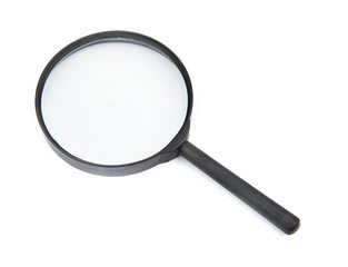 black wood handle of magnifier  glass on white background