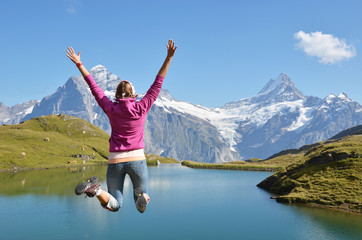 Girl against Alpine scenery. Jungfrau region, Switzerland