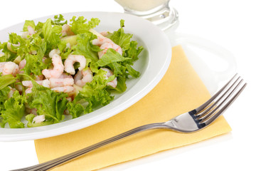 Delicious marinated shrimp in plate isolated on white