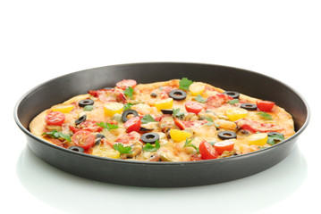 Delicious pizza with seafood in the frying pan isolated on