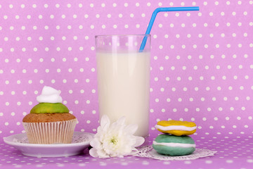 Glass of fresh new milk with confectionery