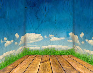 wood room with blue sky walls and green grass