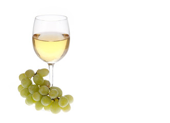 White wine with grapes isolated on white- wine background
