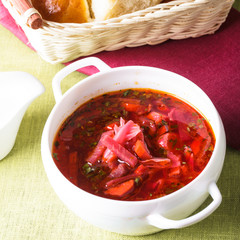 Russian cuisine - borsch - beetroot soup in a bowl