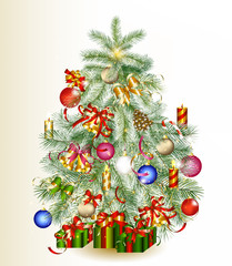 Christmas tree decorated by gifts and baubles