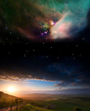 Countryside sunset landscape with planets in night sky Elements