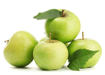 sweet apples with leaves, isolated on white