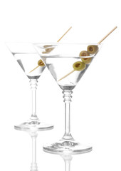 Martini glasses and olives isolated on white