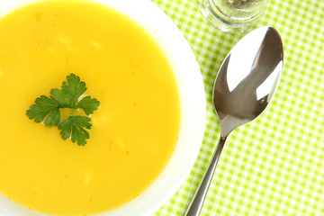 Fragrant soup in white plate on green tablecloth