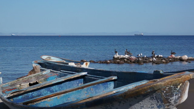 Old Wooden Boats on the Ocean Shoreline