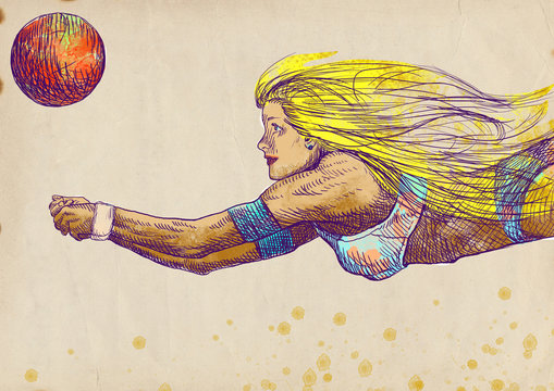 Volleyball player (Beach volleyball). Full-sized hand drawing