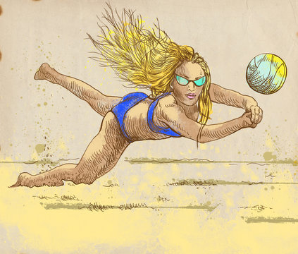 Volleyball player (Beach volleyball). Full-sized hand drawing