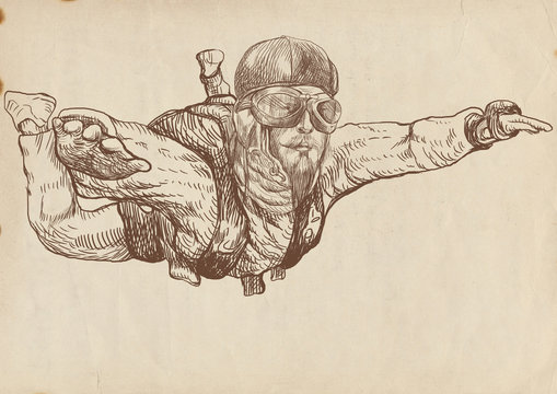 Skydiving, parachutist. Full-sized (original) hand drawing