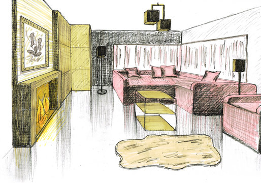 Graphical sketch of an interior living room