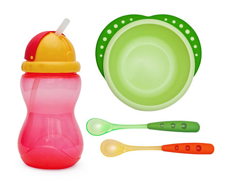 Baby Bottle, Sippy Cup, Plate And Spoons