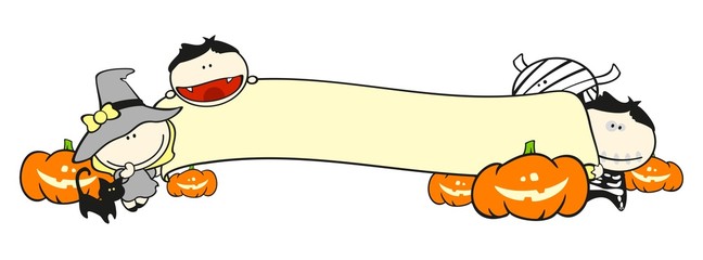 Halloween creatures holding a banner