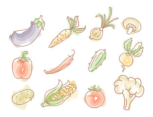 Vegetables colourful doodles set