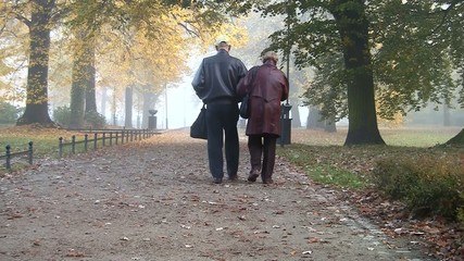 Senior couple in  misty fall park - Powered by Adobe