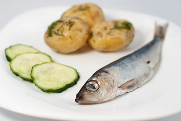 Pickled herring with new potatoes plus chopped cucumbers
