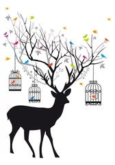 Papier Peint photo Oiseaux en cages Cerf avec oiseaux et cages à oiseaux, vecteur